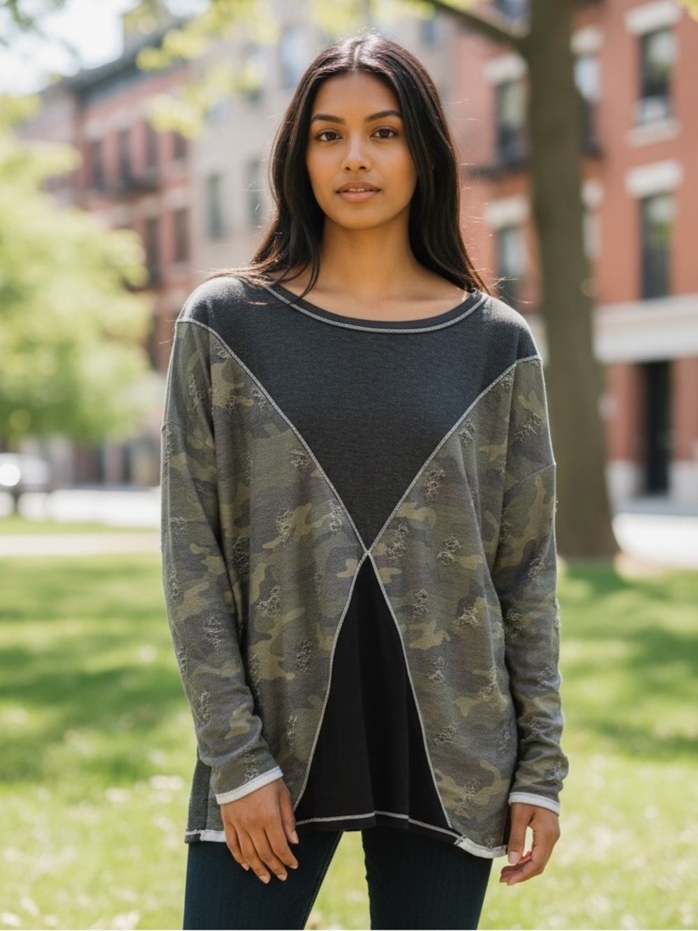 BIBI Camo Distressed Colorblock Top XL NWT Boutique